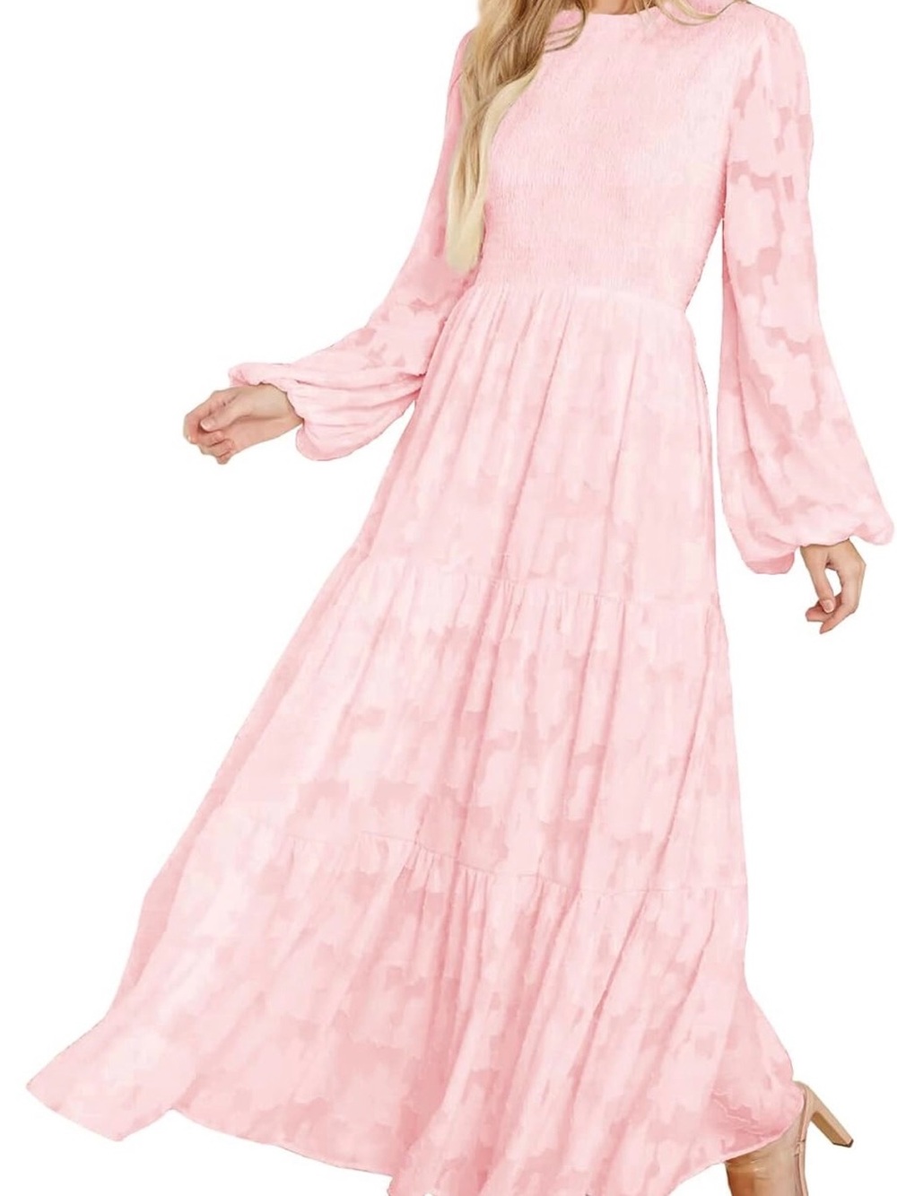 Women Pink Long Sleeve Tiered Dress